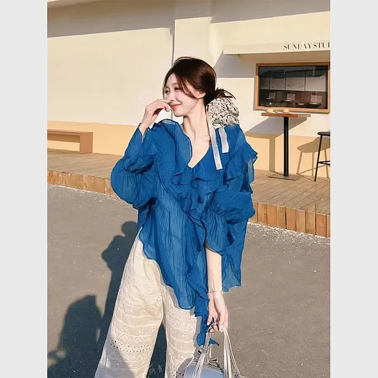 重工荷叶边防晒衬衫上衣女