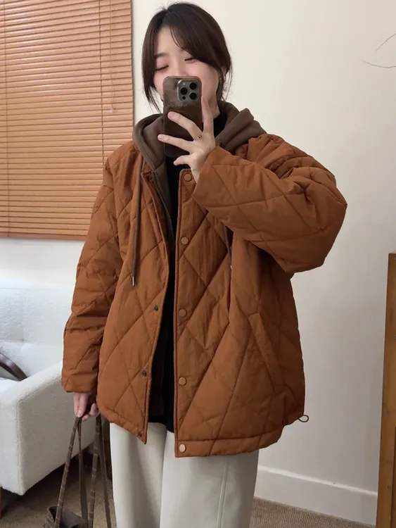 韩版菱格假两件连帽棉服外套女2025冬季新款时尚撞色宽松休闲棉衣