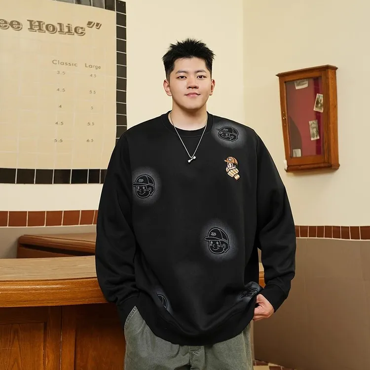 潮牌大码男装2025秋胖子卡通刺绣圆领卫衣男宽松加肥加大男士休闲