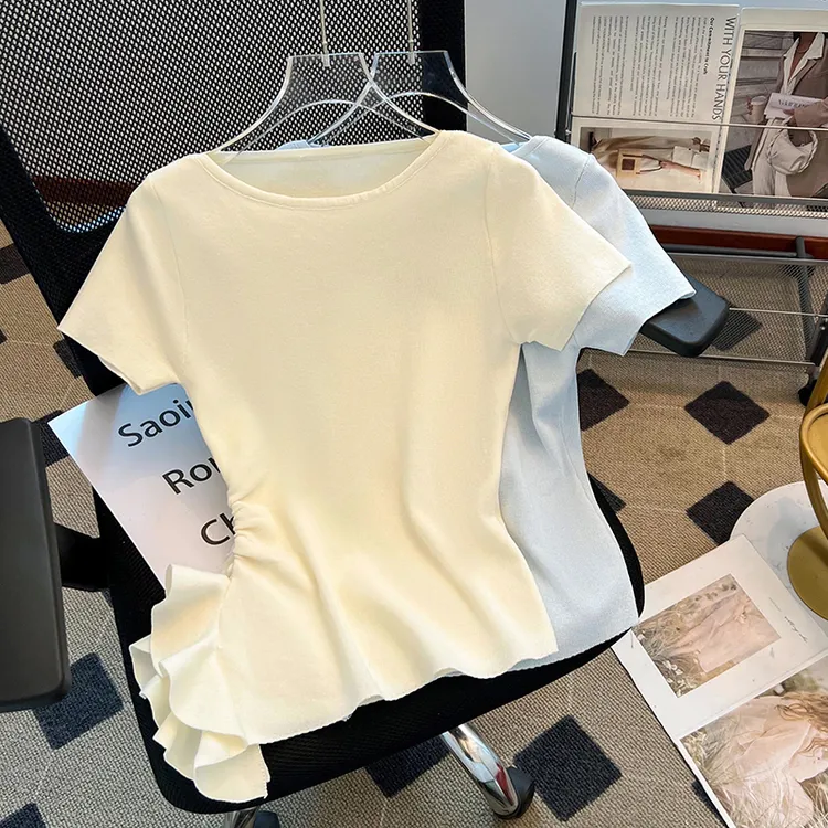 2025夏季韩系穿搭显瘦上衣女装设计感不规则别致针织小衫修身T恤