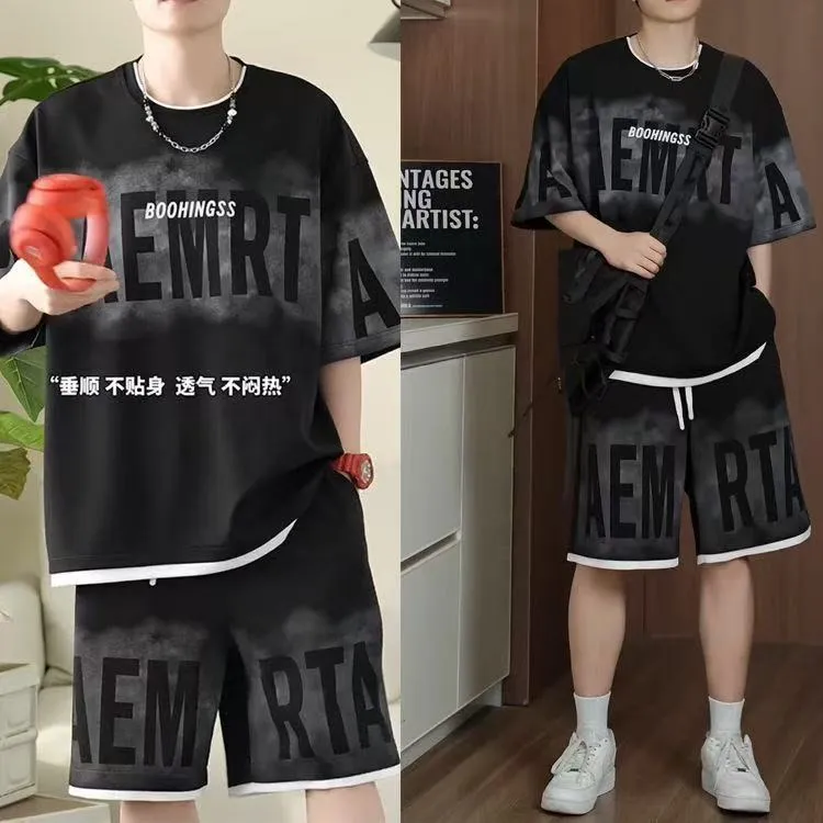 2025男士夏装套装时尚百搭休闲运动短袖短裤青少年宽松潮流套装男