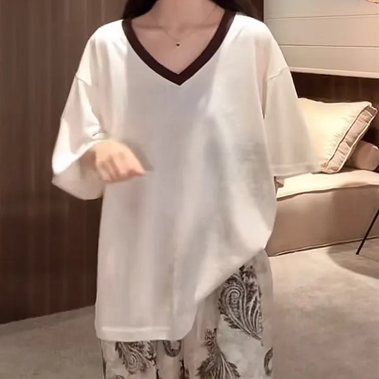 韩系气质百搭v领正肩短袖T恤女2025年夏季薄款慵懒风宽松显瘦上衣