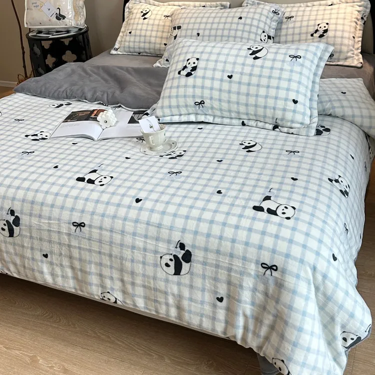 韩国鹅冬季加厚牛奶绒四件套卡通条纹格子双面绒双人保暖四件套