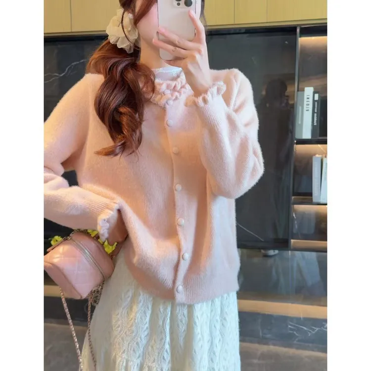 不起球 韩版甜美木耳边花边领针织衫女洋气温柔毛衣开衫
