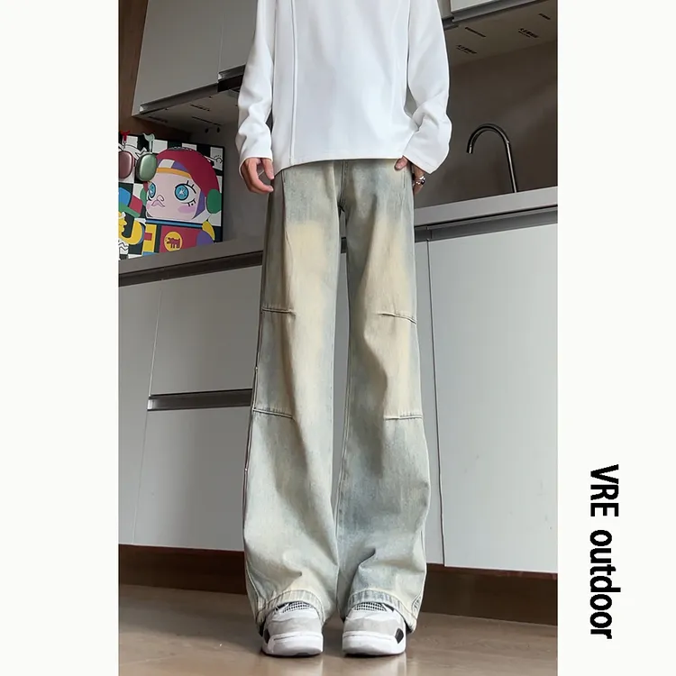 复古蓝弯刀牛仔裤男春秋美式高街vibe裤子修身显瘦直筒微喇长裤潮