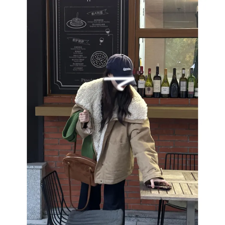 【半熟冬日】初冬美式慵懒设计感夹棉拼毛毛棉服女韩版百搭宽松翻领