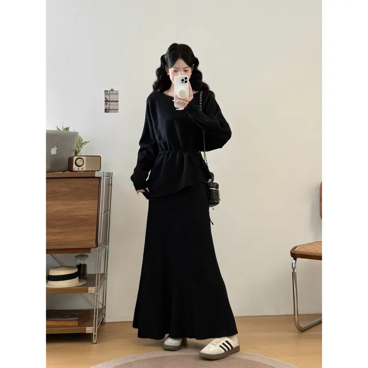 大码女装抽绳收腰不规则毛衣半身裙胖mm秋冬新款遮肉显瘦两件套装