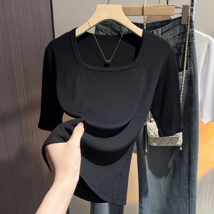 2025新款黑色螺纹法式方领中袖五分袖t恤女中袖上衣七分袖女高档