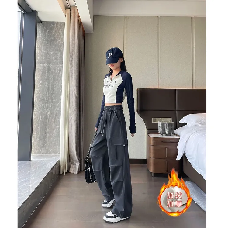 冬季高腰加绒加厚工装裤女宽松直筒阔腿裤束脚休闲瘦版阔腿裤动裤