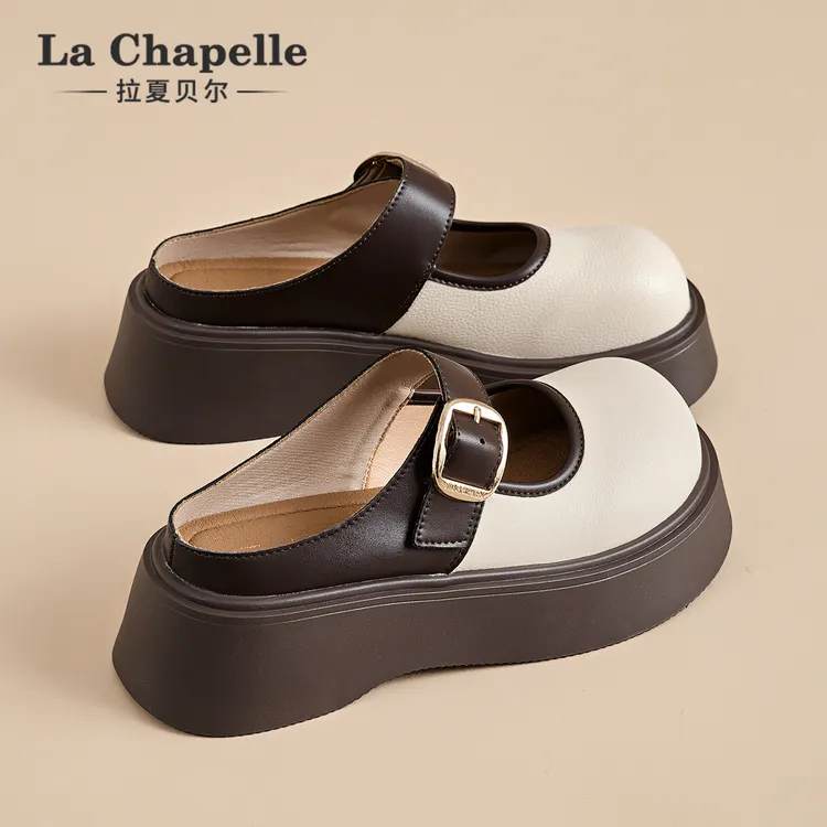拉夏贝尔厚底包头半拖鞋女2025冬季新款复古增高玛丽珍单鞋勃肯鞋