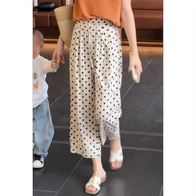艾塔莉夏季波点裤九分裤高腰长裤宽松透气舒适时尚洋气口袋休闲裤