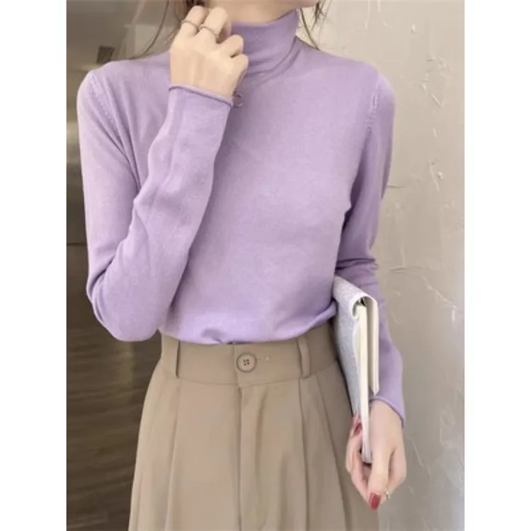半高领紫色洋气打底衫女秋冬高级感内搭修身显瘦别致针织长袖上衣