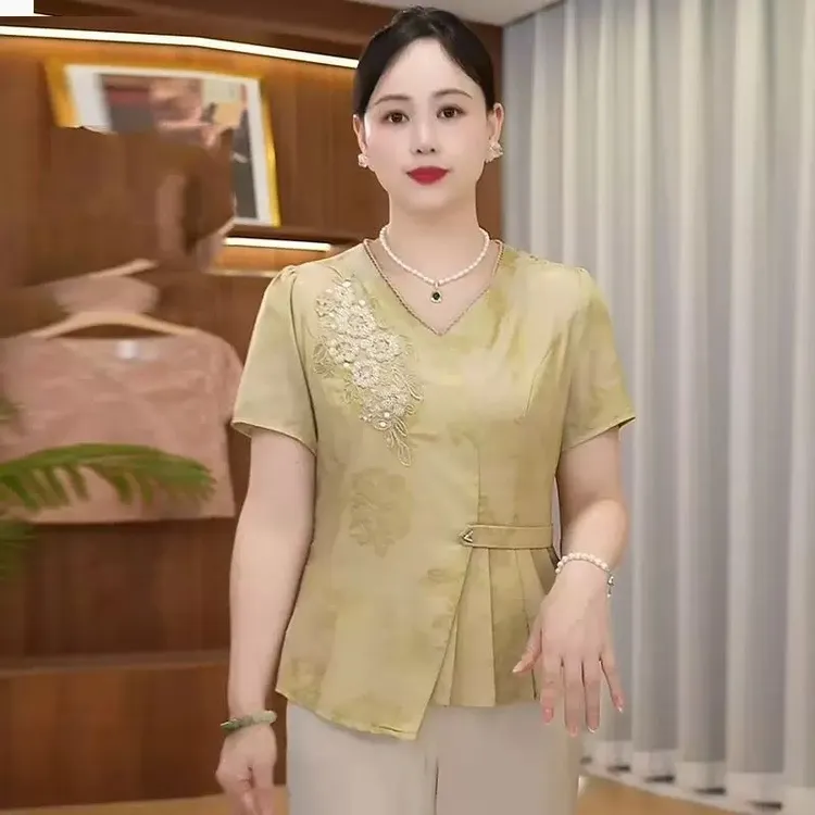 衬衫妈妈装夏装小衫钉珠绣花显瘦洋气薄款中老年女装时尚中式