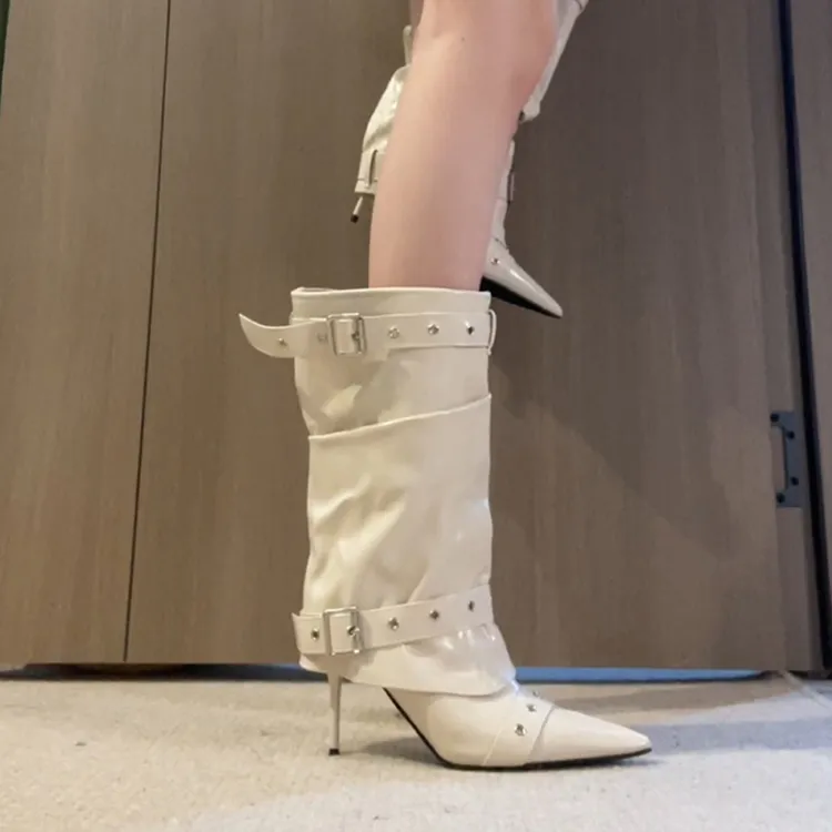 牛皮版~气质辣妹高跟时尚裤管靴女真皮尖头皮带扣铆钉小众中筒靴