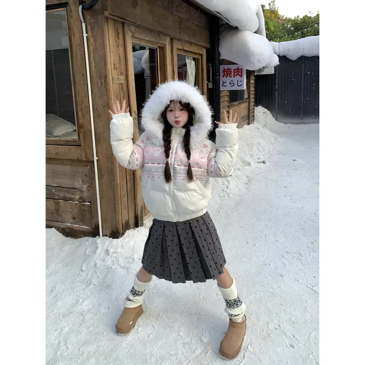 甜美可爱卡通兔子印花棉服女2025冬季新款毛领连帽短棉袄加厚外套