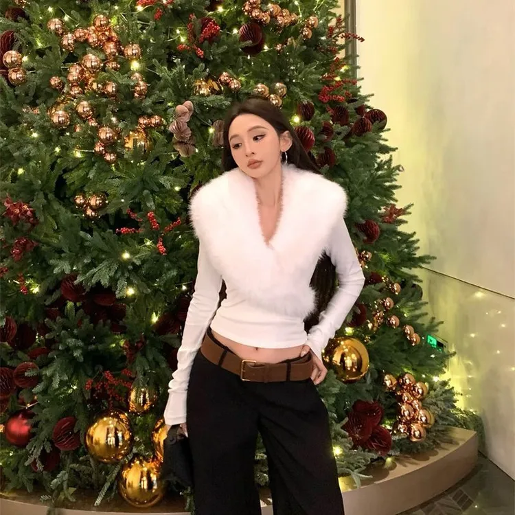 交叉冬季高级秋冬白色感收毛领T恤修身显瘦辣妹气质打底上衣长袖