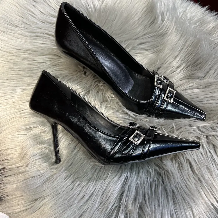 2025早春季新女士款气质黑色水钻方头性感细跟高跟鞋单鞋