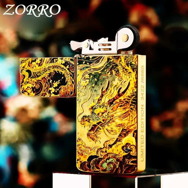 ZORRO佐罗旗舰店3D鎏金打火机超薄青龙白虎煤油火机高档创意礼物