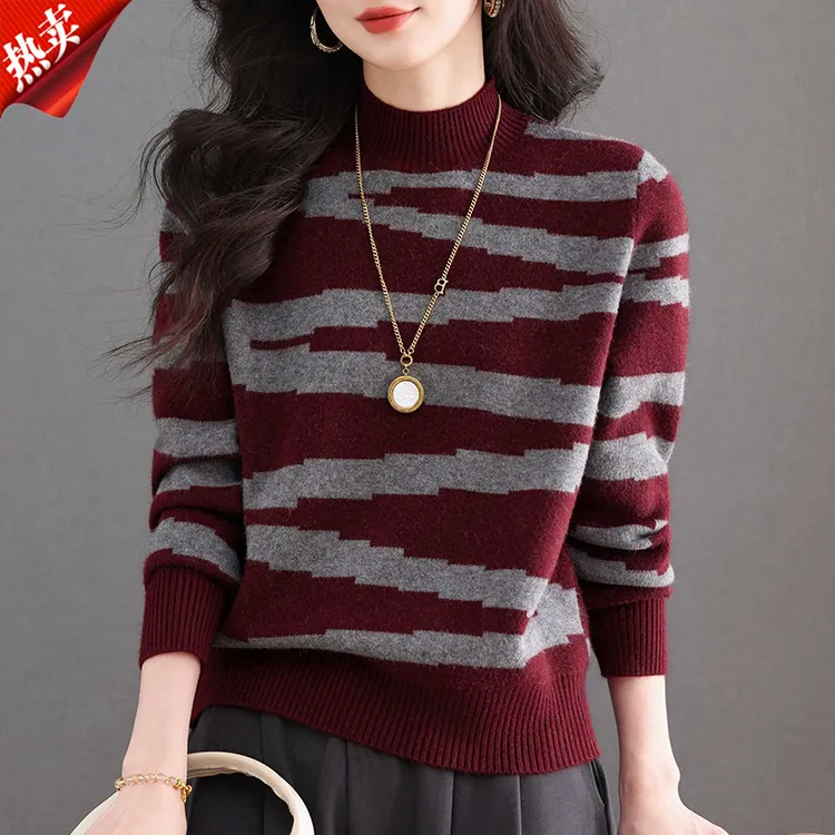 【原版正品】羊毛衫女半高领条纹毛衣撞色针织衫气质显瘦打底上衣