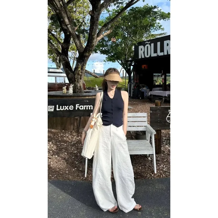 法式polo翻领无袖背心女2025夏季修身独特别致上衣百搭阔腿长裤子