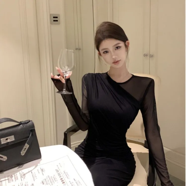 小锦倪子专属复古性感御姐黑色网纱连衣裙女秋季收腰显瘦长袖长裙