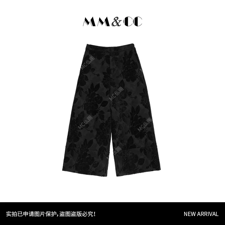 【朝华】新中式阔腿裤加绒加厚女国风印花高腰直筒裤G9065