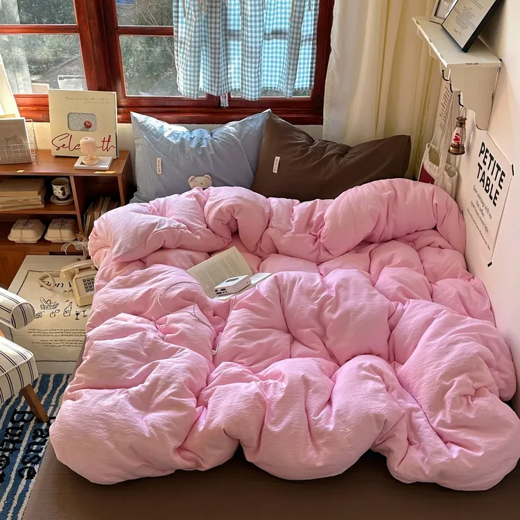 水洗印染纯色混搭风莫兰迪色系四件套学生宿舍单人三件套床品