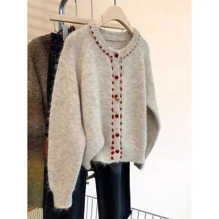 软糯加厚圆领毛衣外套女2025秋冬新款时尚设计感慵懒针织开衫上衣