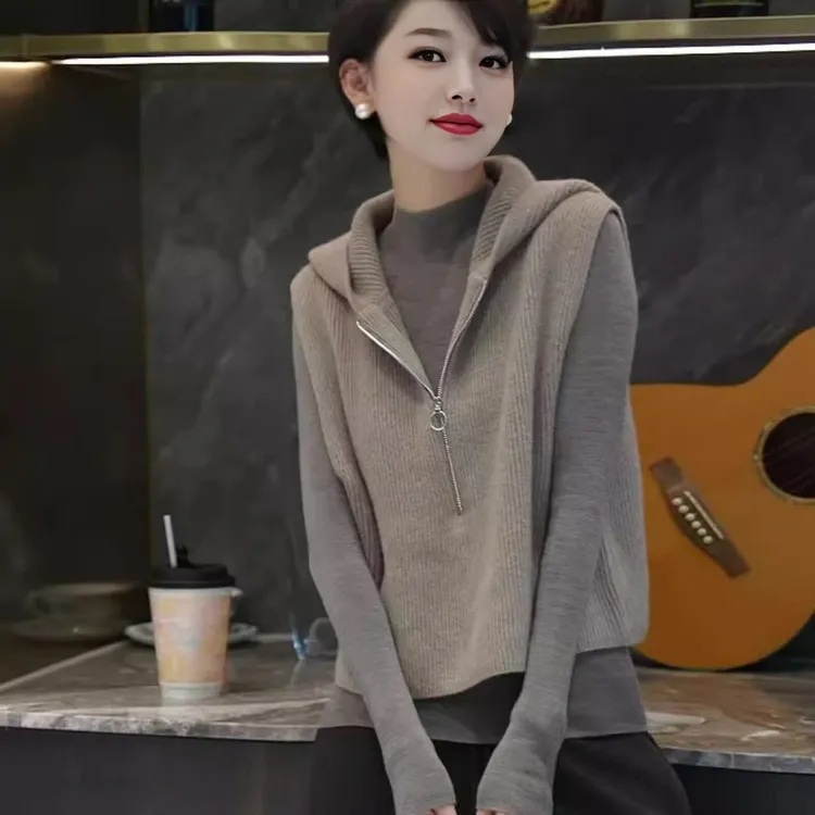欧货高端大牌纯色无袖针织马甲2025秋季新款连帽设计感马夹上衣女