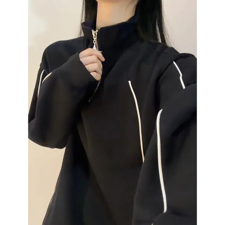 美式半拉链卫衣男秋季潮牌拼接条纹立领上衣复古高街百搭休闲外套