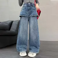女童复古假两件牛仔裤2025新款秋季高腰宽松阔腿工装裤爵士舞裤子