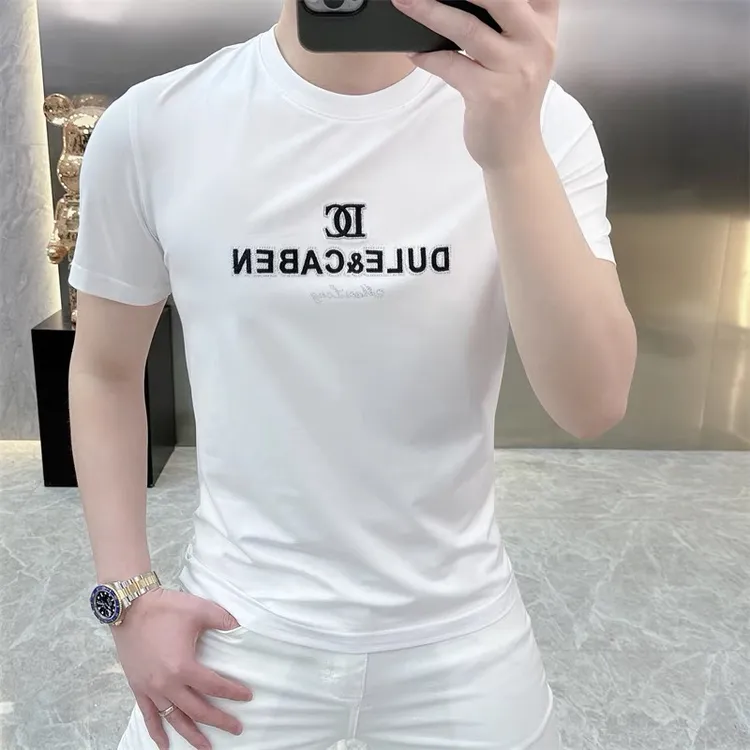 男士潮牌短袖2025夏季新款欧货时尚字母印花烫钻修身丝光棉T恤男