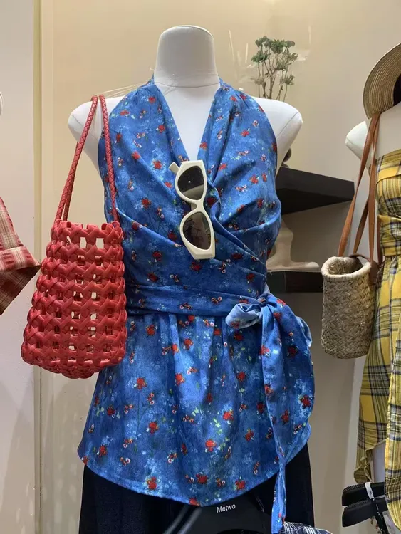 宽松型见详情直筒型性感风背心吊带复古沙滩蓝色背带