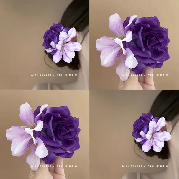 紫霞仙子 韵味紫色玫瑰花发夹女氛围感仿真花侧边夹头花发卡发饰