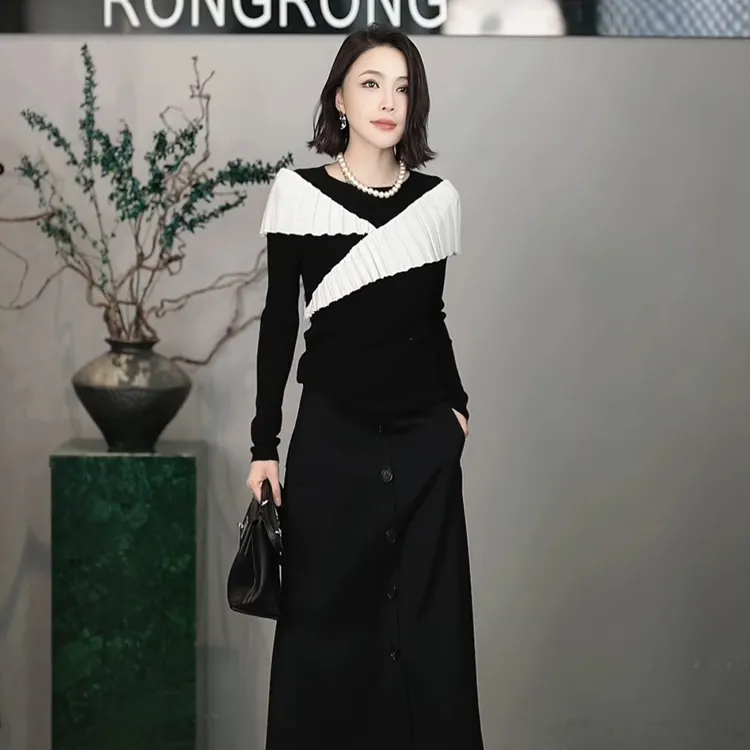 溶溶【晚墨轻云】RONGRONG绵羊毛山羊绒混纺撞色拼接针织衫RRF51053