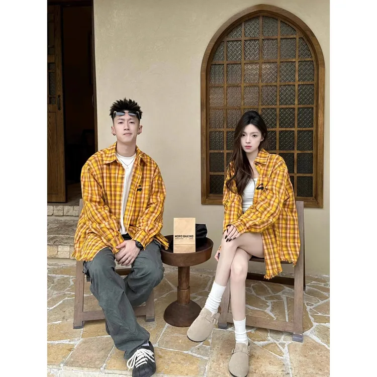 【辉烈】美式多巴胺黄色格子衬衫男夏季防晒高街宽松情侣装长袖衬