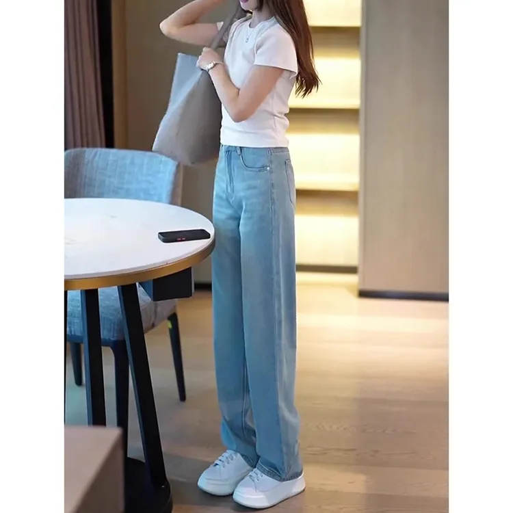浅色天丝软牛仔裤女夏天薄款2025年新款小个子高腰直筒窄版阔腿裤