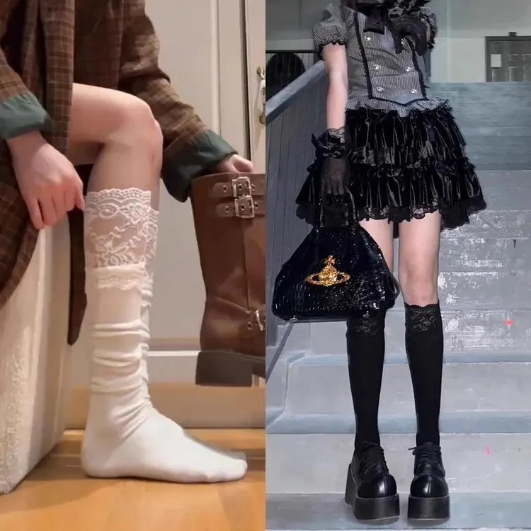 蕾丝花边中筒袜女拼接配西部牛仔靴子过膝袜春秋新款白色jk长筒袜