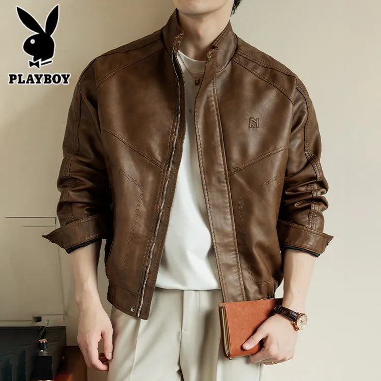 美式复古男士皮夹克男高街宽松休闲翻领机车皮衣外套帅气修身立领