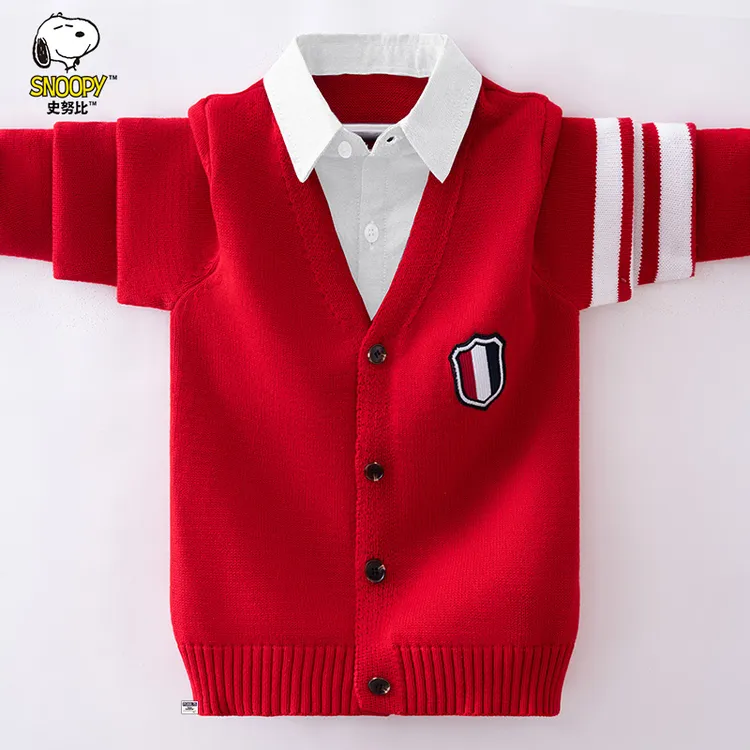 史努比男童毛衣2025秋冬儿童假两件中大童休闲加绒外套男孩针织衫