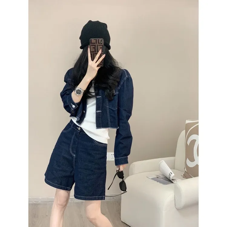 早秋小香风网红炸街港风复古chic时尚洋气牛仔短裤时髦两件套装女