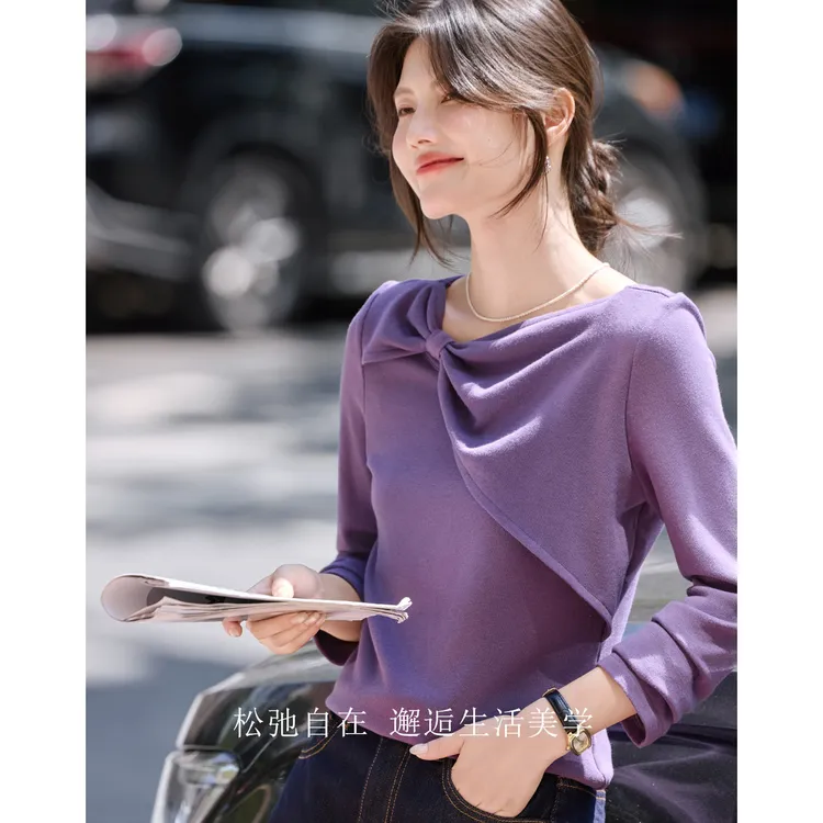 尚静通勤风舒适薄绒不规则领打底衫2025秋季新款时尚气质百搭显瘦