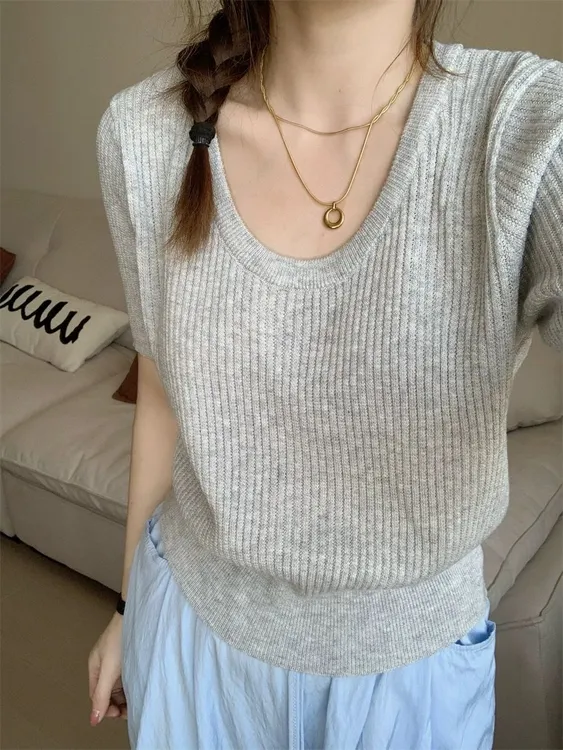 u领针织t恤女夏季设计感小众小个子针织衫正肩短袖气质百搭上衣