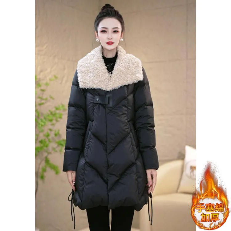 设计感百搭宽松减龄棉服女2025年冬季新款拼接翻领加厚中长款外套