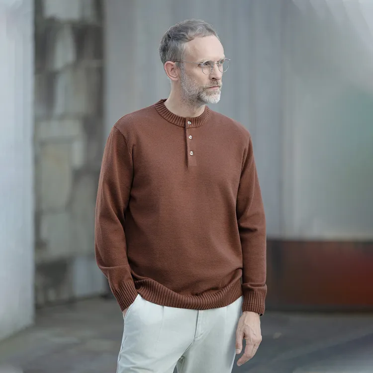 EDOT 亨利领老钱风简约毛衣男士休闲羊毛秋冬季针织衫半开襟内搭
