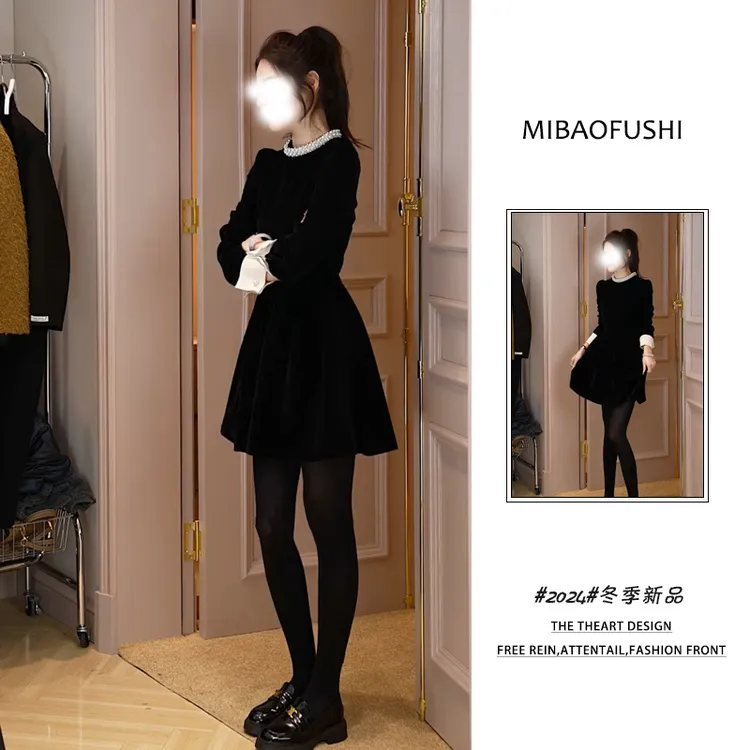 【现货】秋季穿搭连衣裙女韩版2025新款显瘦高级感小黑裙丝绒赫本裙
