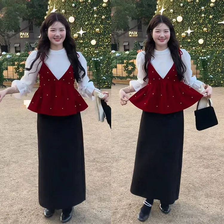 2025年圣诞节新年穿搭韩系百搭长袖上衣波点吊带高腰半身裙三件套