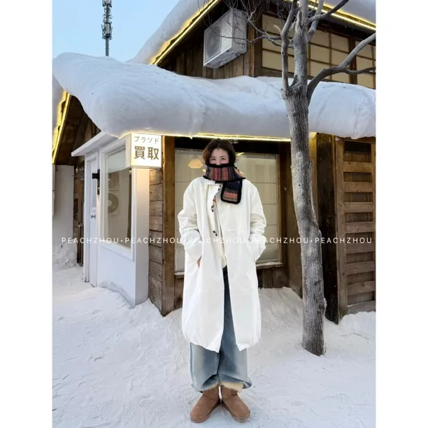 『PEACHZHOU』牛角扣斜门襟宽松翻领中长款棉服休闲高级感夹棉外套