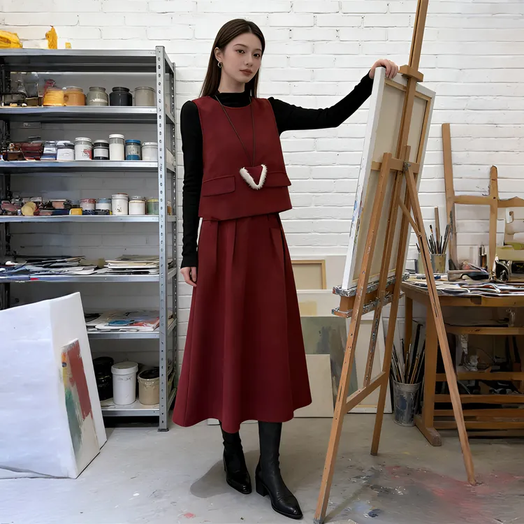 秋冬新款气质通勤时尚红色套装减龄显瘦背心半身裙三件套洋气