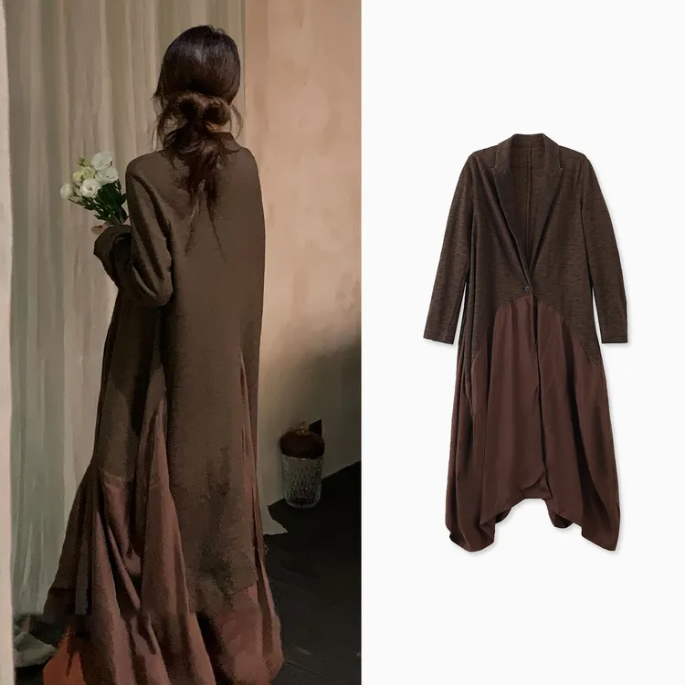 Z.blues【竹韵声声】气质复古竹节棉拼接脏染咖色花苞衫YZXHJ2088